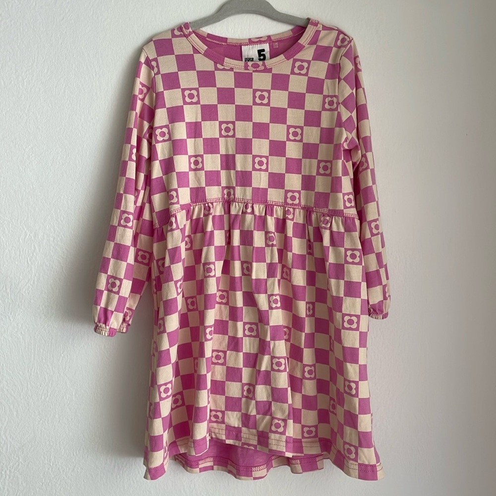 Cotton On girls long sleeve pink checkered long sleeve daisy dress